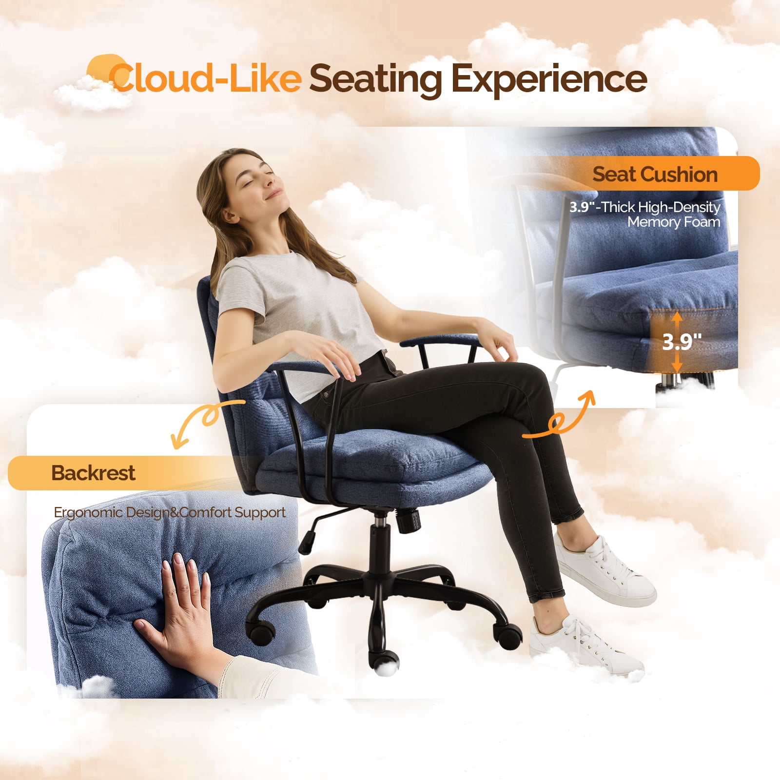 Ktaxon Office Chair with Armrests, Linen Fabric Desk Chair with Wheels, Swivel Task Chair for Study Room or Dressing Vanity Area Blue
