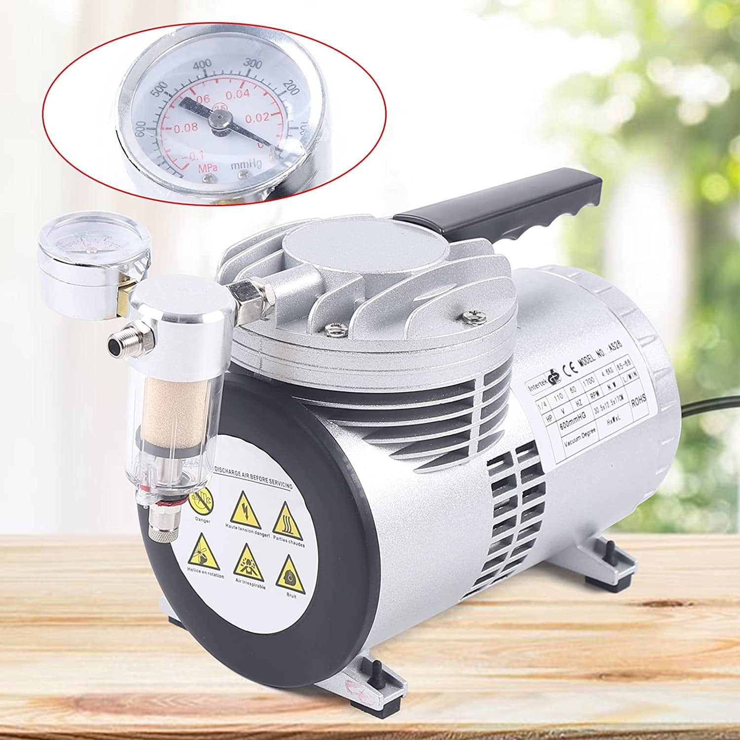 MONIPA Air Conditioning Vacuum Pump with Manual Valve Oil-Free Vacuum Pump Single Unit Rotary Vane Vacuum Pump, for Air Conditioning Maintenance, Food Packaging