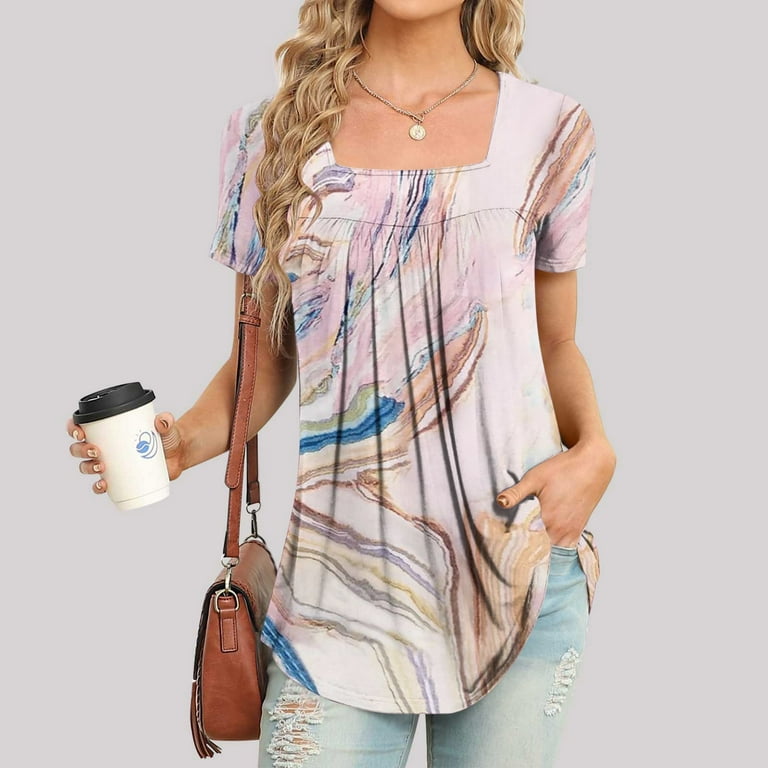 Yyeselk Square Neck Summer Women Blouses Trendy Short Sleeves Gradient  Color Print Comfy Tops Casual Asymmetric Hem Pleated Tunic Tees for  Leggings