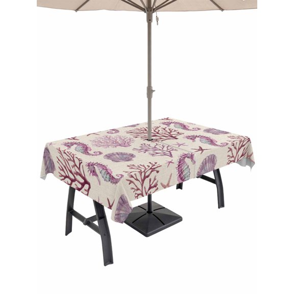 52x70 Inch Outdoor Tablecloth with Umbrella Hole Zipper Rectangle Pink Rustic Coastal Rectangular Tablecloths Outside Waterproof Nautical Ocean Seahorse Coral Shell Patio Table Cloth Cover for Picnic