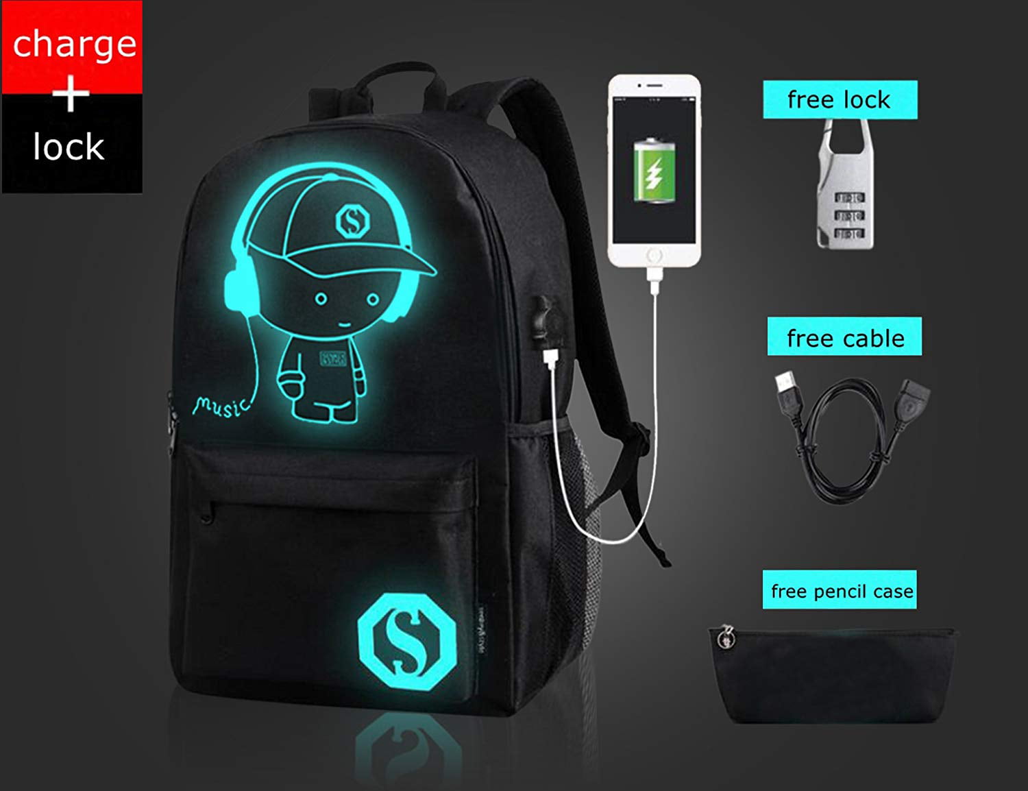 Luminous Backpack Large Volume Folder with USB Charging Port and Audio Line Shoulder Bag 