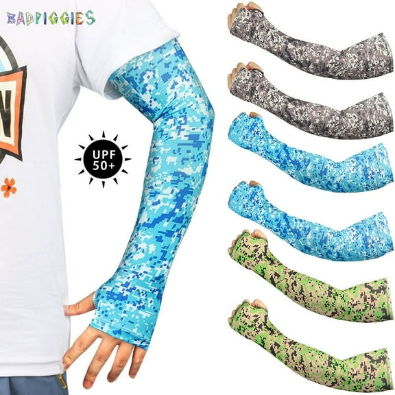 BadPiggies 3 Pairs Sun Protection Ice Silk Cooling Arm Sleeves, for Men Women Sunblock UV Protective Cooler Sports Arm Cover Sleeves (Digital-Black/Green/Blue)