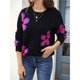 thumbnail image 4 of Suéteres Florales para Mujer, con Rayas de Colores Contrastantes, Cuello Redondo, Larga, Jerseys de Punto Holgados Negro L, 4 of 10