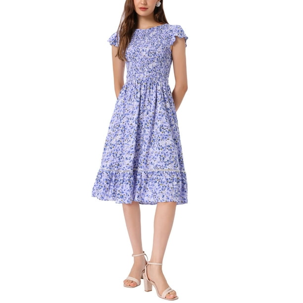 INSPIRE CHIC Vestidos de Mujer con Mangas Cortas, Vestido Midi de Flores Arrugado para Primavera y Verano, Azul Oscuro Púrpura S