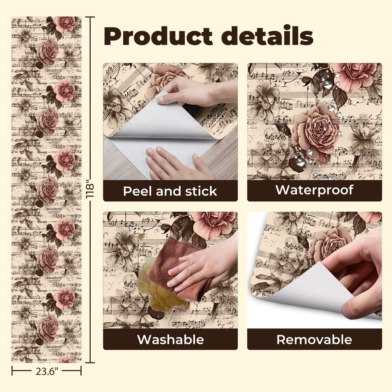 Peel and Stick Wallpaper Roses Floral Vintage Sheet Music Sepia Tones Wall Mural 23.6in x 9.8ft Self Adhesive Removable Wall Paper Renter Friendly Wallpaper for Nursery Bedroom Cabinets
