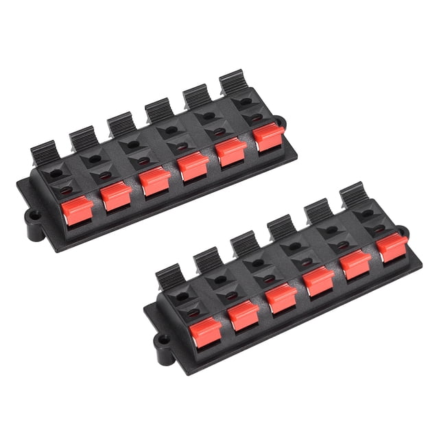 tira de terminales de bloque unique bargains 2 filas 12 vías wp12-03b 2 unidades, par de terminales de altavoz negros con 12 pines (6 por fila) y pulsadores rojos/negros, vista inclinada frontal que muestra pestañas de carga por resorte, orificios de montaje y diseño para cables AWG24-16, adecuada para conexión eléctrica y altavoces personalizados.