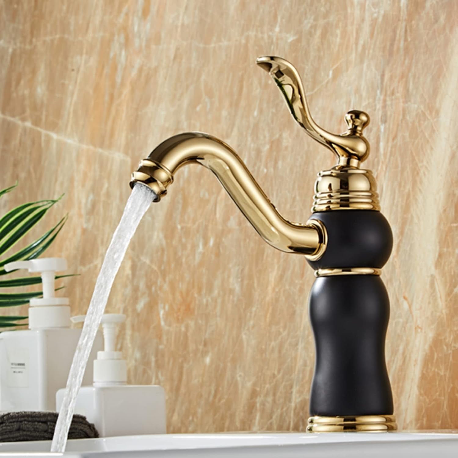 Vintage Bathroom Faucet, Brass Sink Faucet Bathroom, Sink Faucet Hot and Cold Mix Tap, Bathroom Sink Faucet Single Handle, White Gold, Short