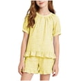 thumbnail image 3 of Vornjynx Kids Girls Outfit Sets Puff Sleeve Tops and Ruffle Hem Shorts Plaid Print 2026 Summer Comfort Clothes 2 Piece Yellow Size 2-3T, 3 of 9