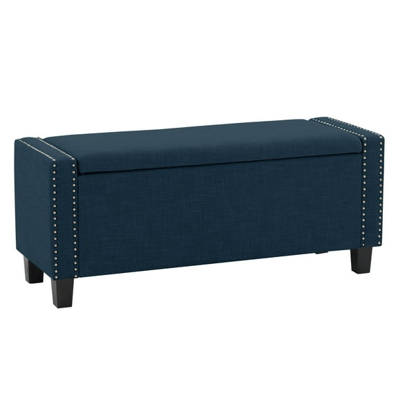 Luna Contemporary Navy Blue Fabric Upholstered Storage Ottoman with Nail Trim