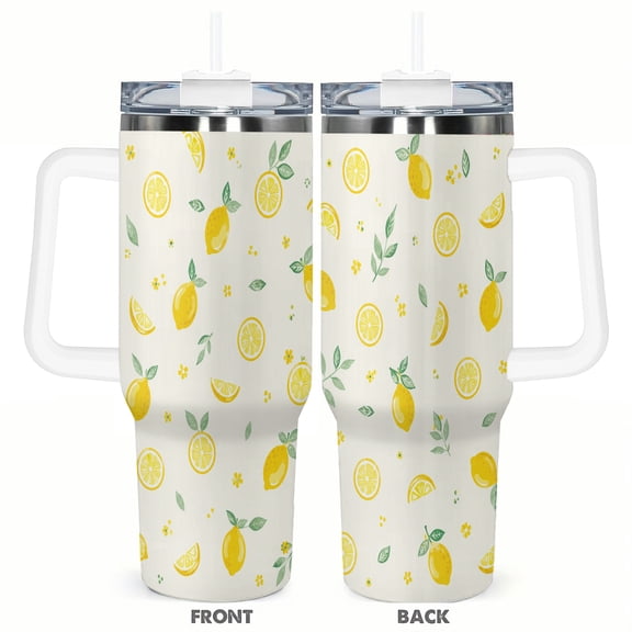 40oz Lemon Travel Tumbler with Handle and Straw Lid Yellow Citrus Insulated Car Coffee Cup Summer Gift for Women