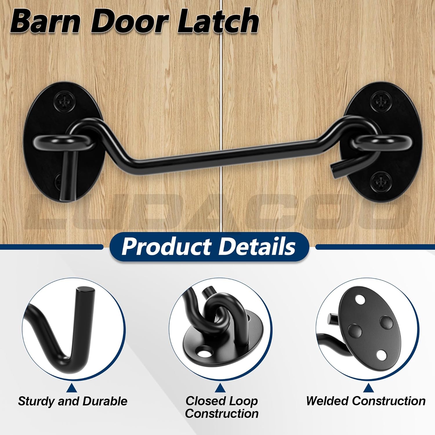 JJEAN-5" Hook and Eye Gate Latch, Sturdy Thickened Barn Door Lock Door Latch Hardware for Gates, Windows, Fences, Cabinets, and Sheds, Black, 4 Pack