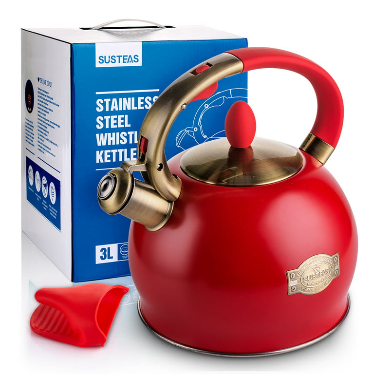 RETTBERG Tea Kettle for Stovetop Whistling Tea Kettles Retro Red Stainless  Steel Teapots, 2.64 Quart (Frosted Red)