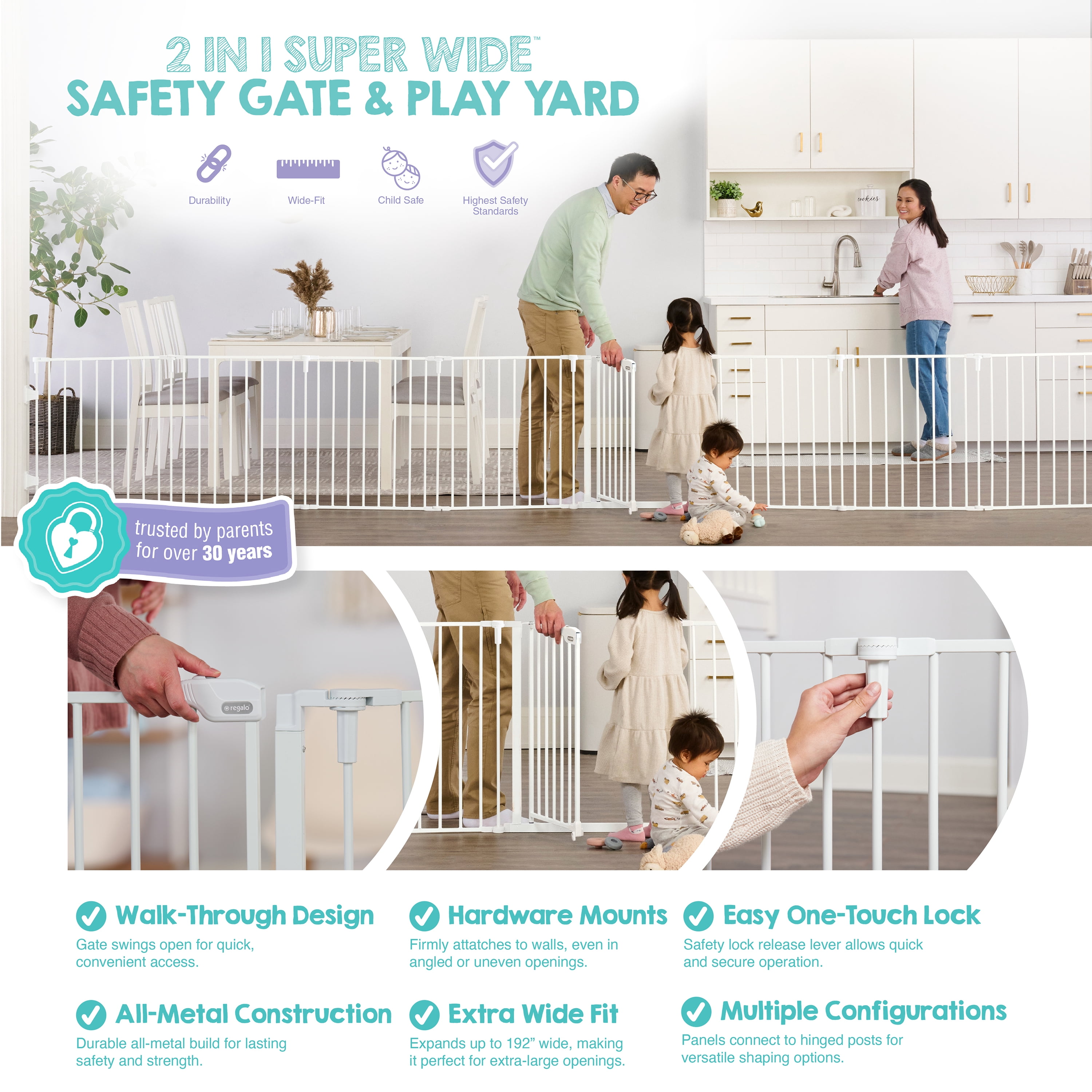 Regalo 194 Inch Super Wide Adjustable Baby Gate and Play Yard for Ages 6 to 24 Months