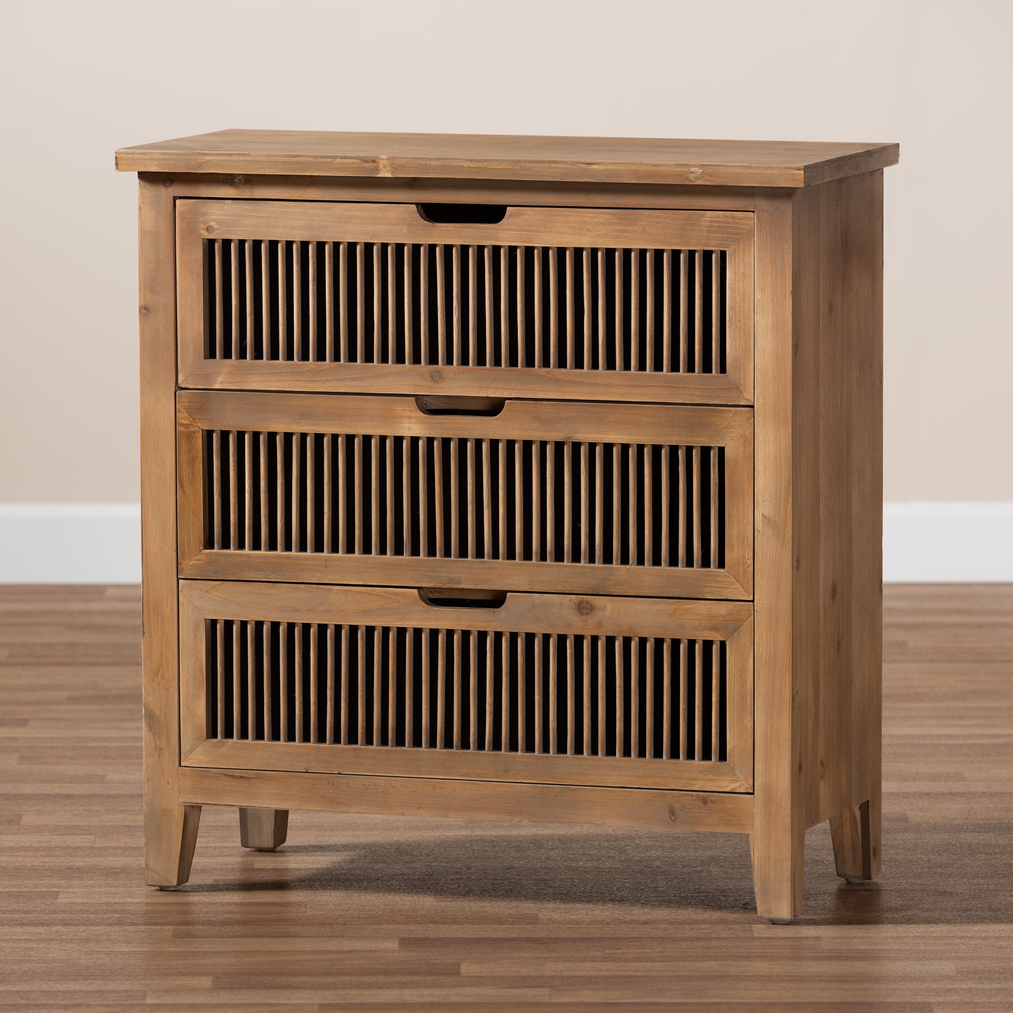 Baxton Studio Clement Rustic Transitional Medium Oak Finished 3-Drawer Wood Spindle Chest