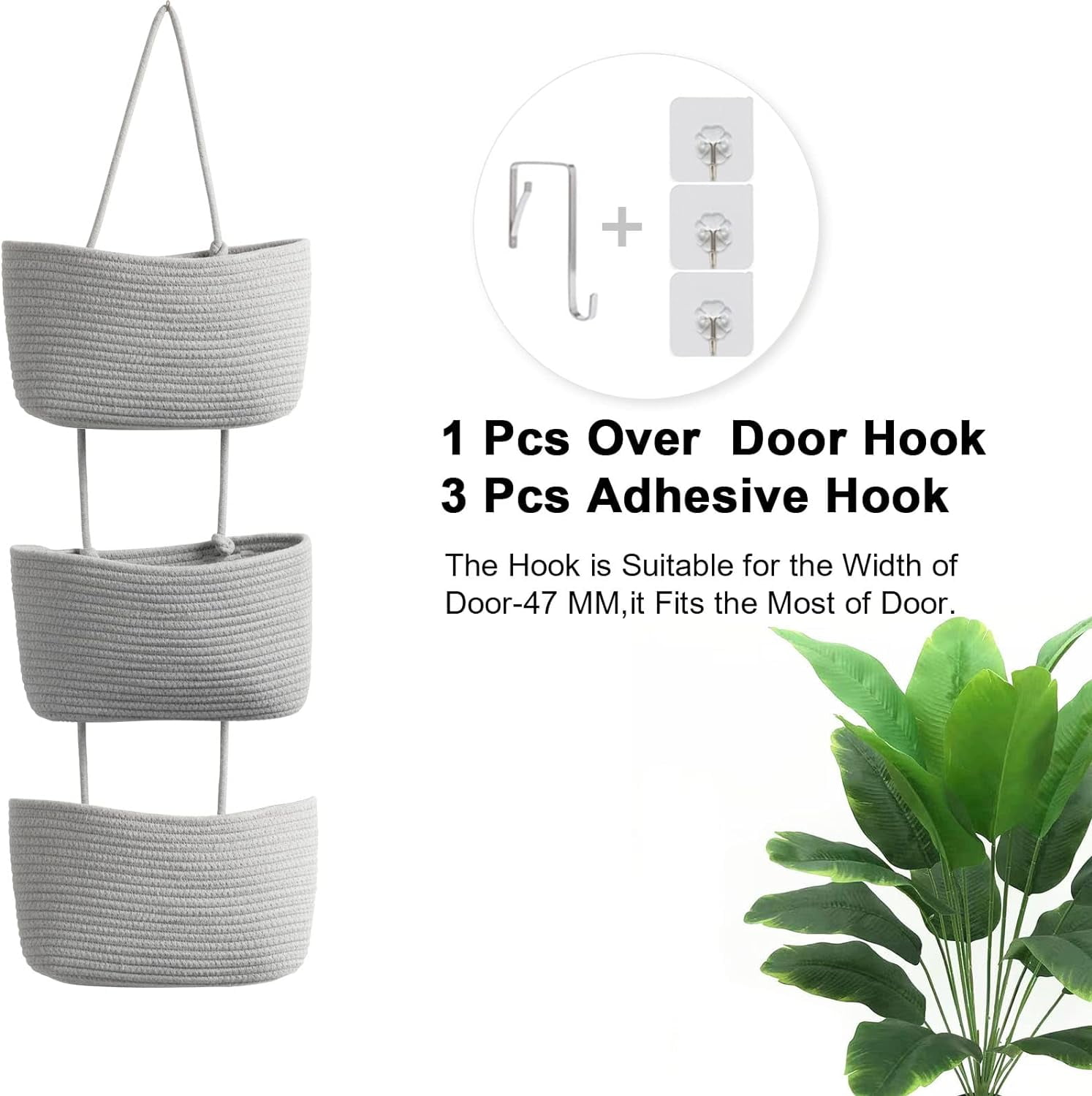 Over the Door Hanging Basket, 3-Tier Woven Cotton Wall-Mounted Storage Organizer Bag Decorative Hanging Nursery Baskets - Jute