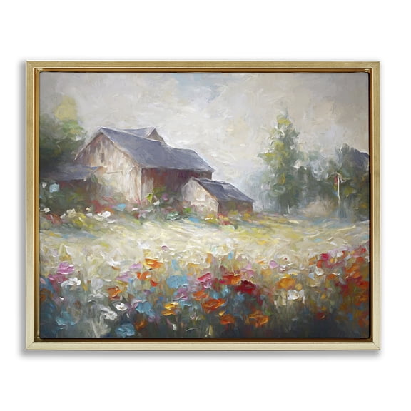 Stupell Industries Farmhouse Abstract Floral Countryside Gold Floating Frame Canvas Art, 31 x 25, by Ramona Murdock