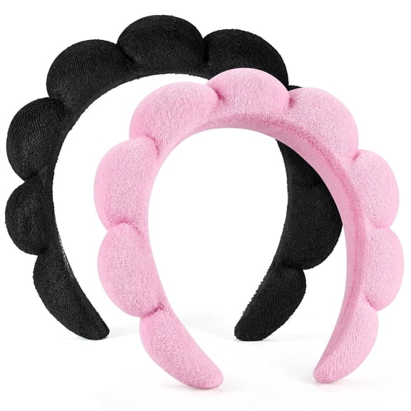 Spa Headbands for Washing Face or Facial – Set of 2 Skincare Headbands – Terry Cloth Headband Wash Combo Pack – Puffy Makeup Washing, Mask, Skin Treatment (Black & Pink)