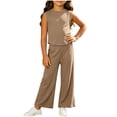 thumbnail image 3 of THDHVS Girls Fall Outfits,Girls Ribbed Sleeveless Round Neck Top Wide Leg Pants Summer Stretchy Casual 2 Piece Set,Toddler Girl Outfits Khaki 5-7 Years, 3 of 8