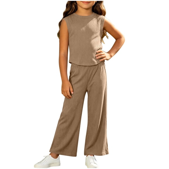 BLVB Toddler Baby Girl Summer Clothes Ribbed Knit Cute Outfits Sleeveless Tank Tops Wide Leg Pant 2 Pieces Lounge Set(Khaki,1-2 Years)