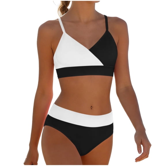 AJTQTH Grils High Waisted Bikini Swimsuits Front Twist Front Color Block Adjustable Spaghetti Strappy Bikini Tops Ruched 2 Piece Bathing Suits Beach Swimwear Black 5-6 Years