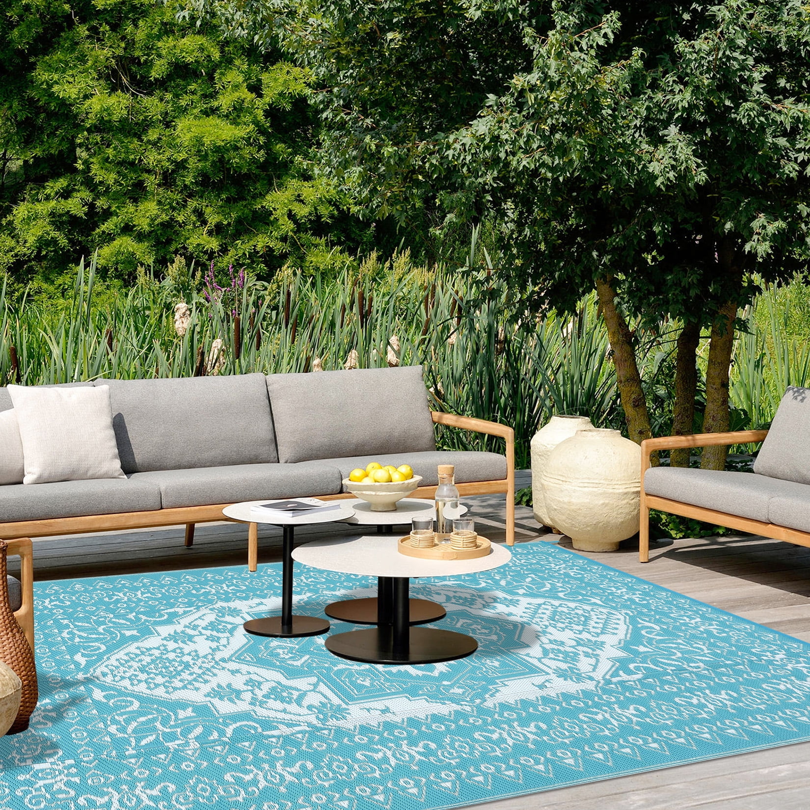 Senfot 8x10 Waterproof Reversible Plastic Straw Indoor Outdoor Area Rug for Patio RV Camping Balcony Deck Backyard Light Blue and White