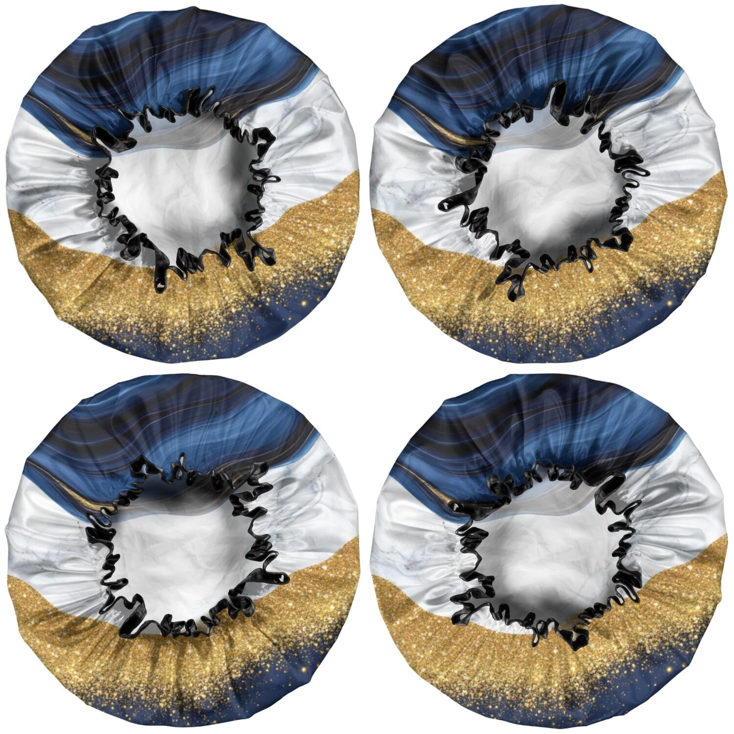Shower Caps,Blue and Gold Marble Glitter Waves Pattern Waterproof Shower Cap for Women 4 Pieces,Double Reusable Hair Cover for Shower PEVA Elastic Stretch Hem