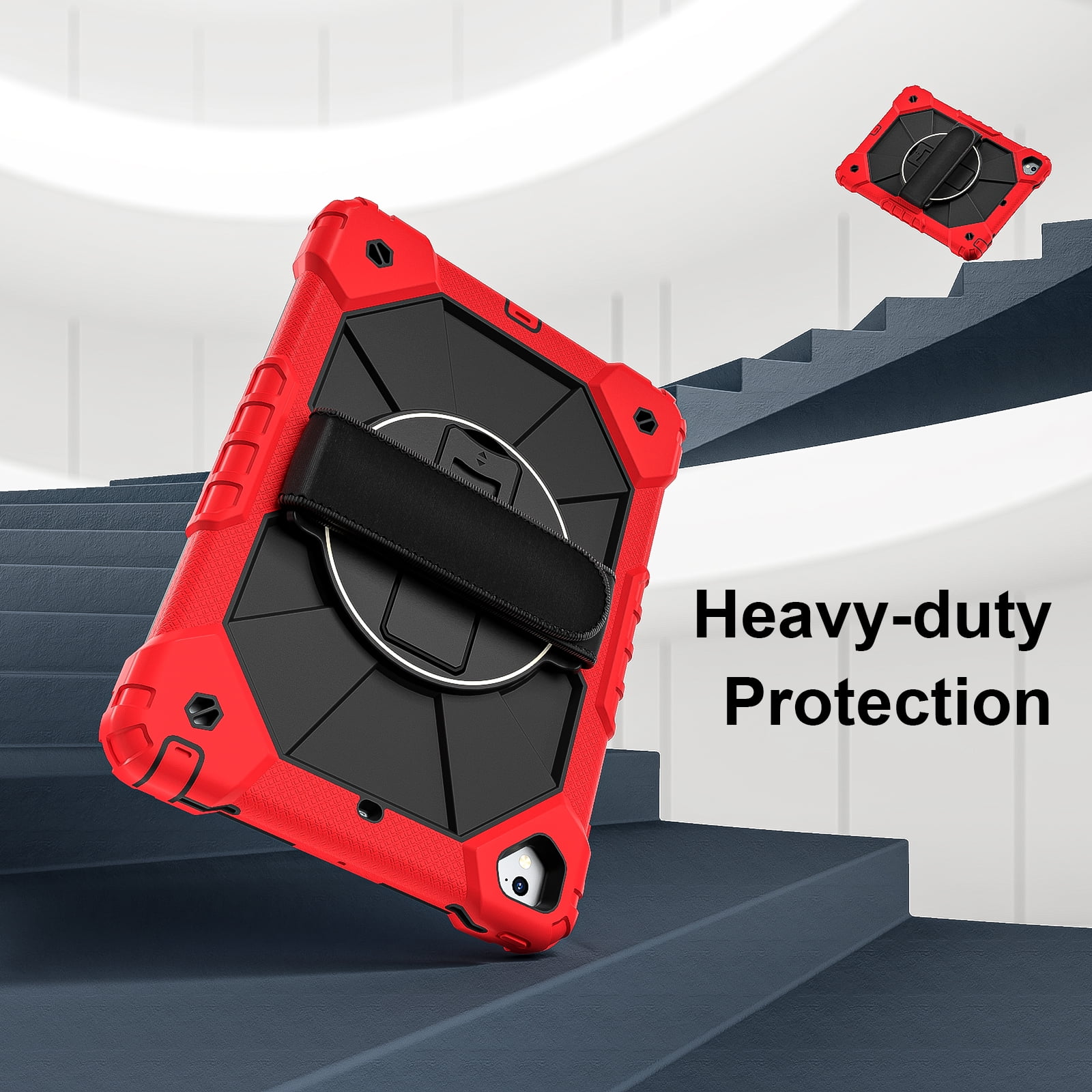 Shockproof Case for Apple iPad 6th 5th Generation 2018 2017 / iPad Air 2 9.7 Inch, Rotating Kickstand Pencil Holder Shoulder Strap Hand Strap Kids Friendly Bumper Cover, Red+Black