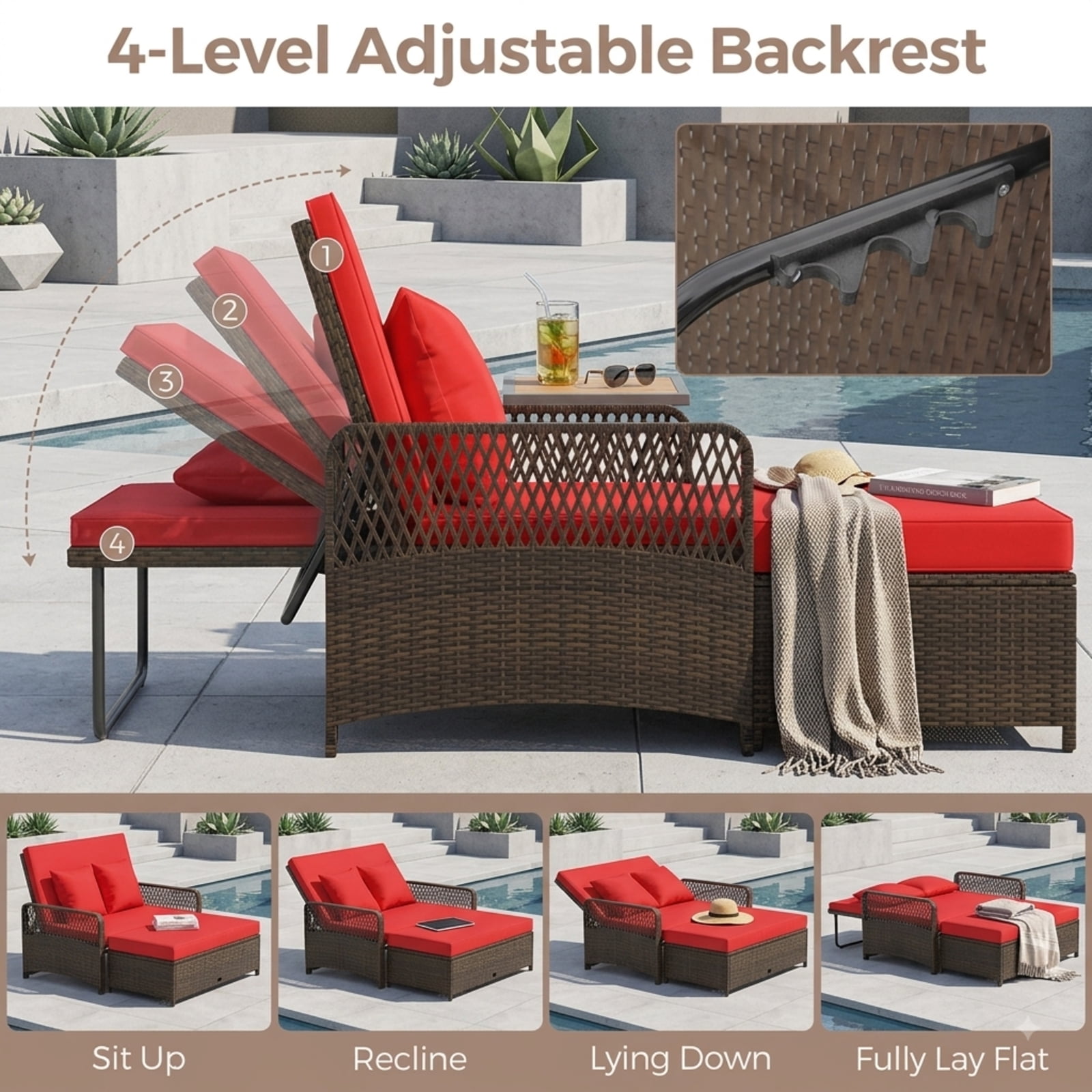 Furnibear Red Patio Wicker Daybed, 4-Position Reclining PE Rattan Loveseat with Storage Ottoman, Convertible Outdoor Sofa for Poolside, 800 LBS