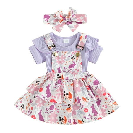 

Elippeo Baby Girls Cute Outfit 3 6 12 18 24 Months Short Sleeve Rompers and Floral Suspenders Skirt Headband Summer Clothes Set