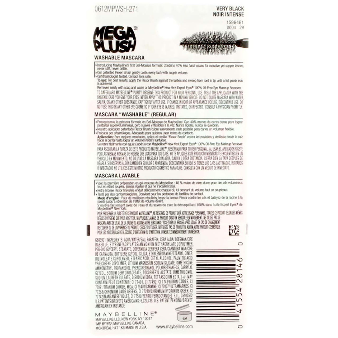 Maybelline Volum' Express The MegaPlush Washable Mascara, Very Black [271], 0.3 oz (Pack of 2)