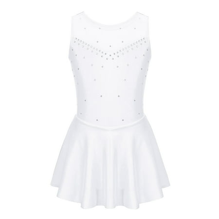 YiZYiF Girls Rhinestones Ballet Gymnastic Skirted Leotard Tulle Back Costume Dress White 14