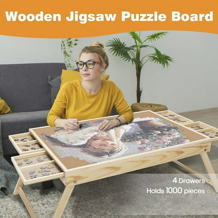 1200pc Puzzle Table - 23x32" Wooden Organizer with 4 Drawers & 16 Grids, Foldable Portable Design for Game Rooms, No Assembly Needed
