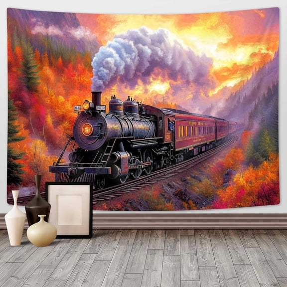 Christmas Steam Train Tapestry, Snow Moon Star Mountain Cabin Railway Tapestries Background, Christmas Trees Wall Hanging for Bedroom Dorm Living Room Decor