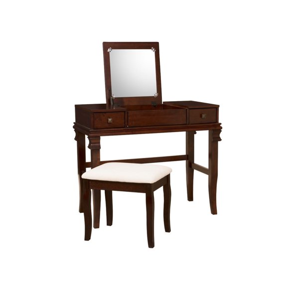Contemporary Home Living 36" Walnut Brown Vanity Set with Mirror and Upholstered Stool