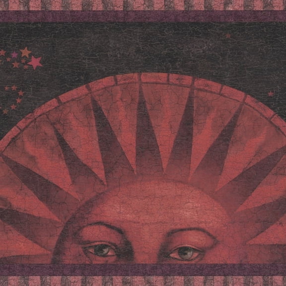 Dundee Deco's Peel and Stick Wallpaper Border - Abstract Maroon Black Sun Moon Wall Border Retro Design, 15 ft x 7 in, Self Adhesive