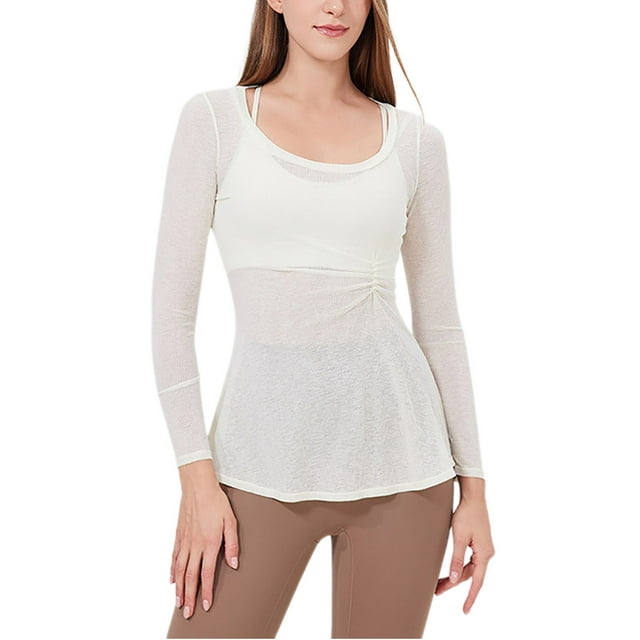 Timegard Yoga T Shirts for Women Fitting Ruched Long Sleeve Round Neck Blouses Workout Solid Color Quick Drying Tops