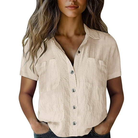 ZHENHONG Button Down Shirts for Women,Plain Vintage Short Sleeve Button Down Shirts Drop Shoulder Collared Pocket Tees,Beige Women Blouses