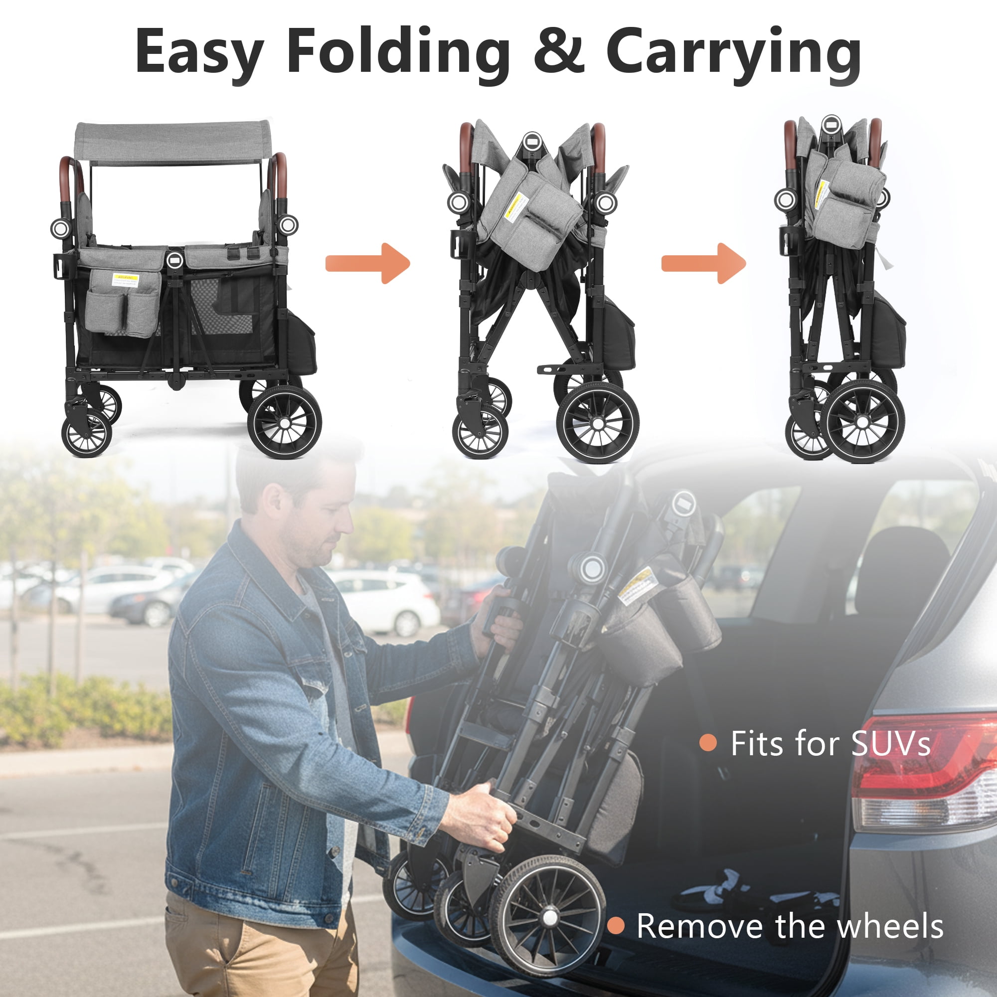 AILEEKISS Stroller Wagon for 2 Toddlers with Canopy, All-Terrain Baby Wagon, 55 Pounds, Black Grey