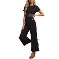 thumbnail image 4 of INSPIRE CHIC Women's Jumpsuit Short Sleeve Crewneck Mesh Sheer Casual Wide Leg Jumpsuits S Black, 4 of 6