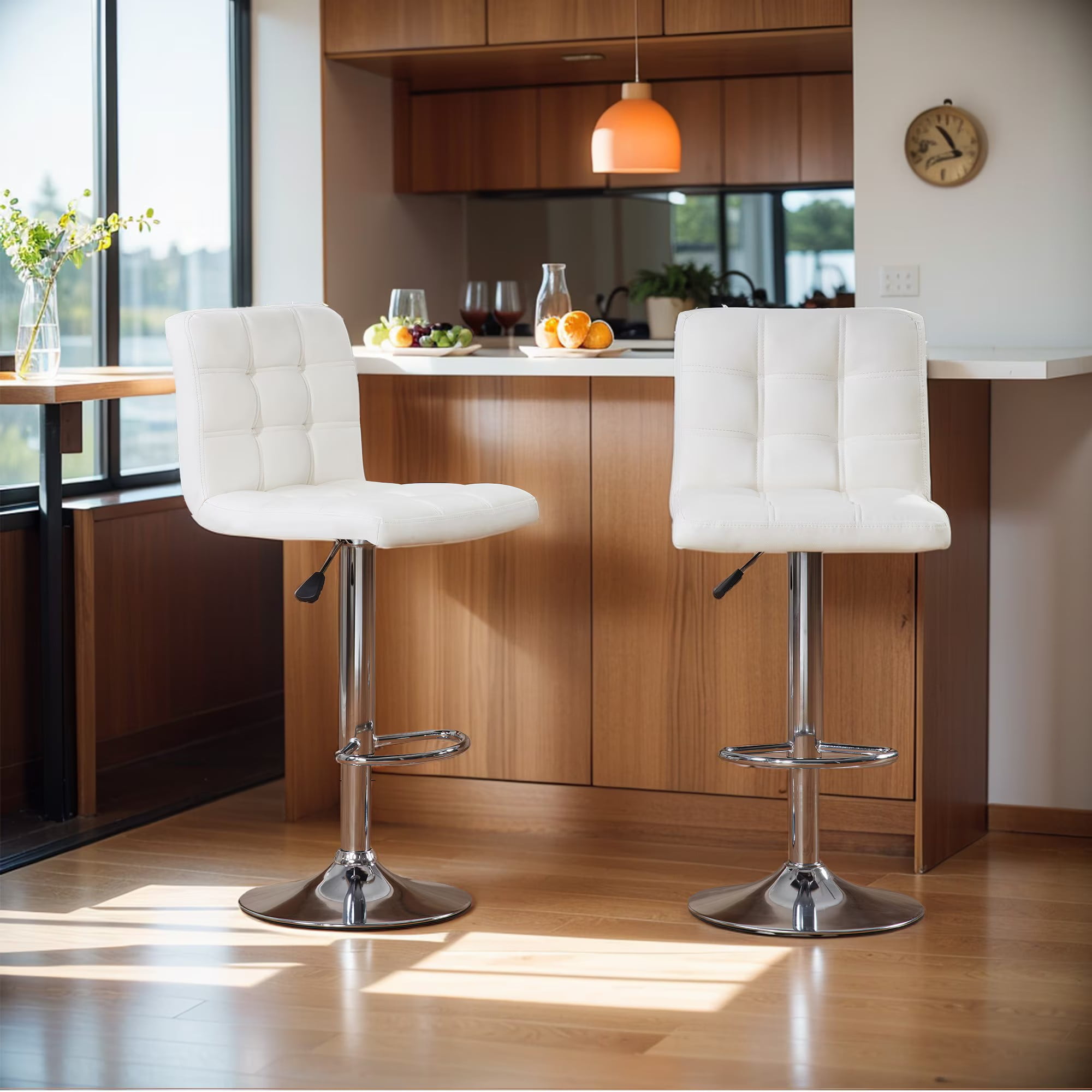 Aukfa Bar Stools Set of 2, Counter Height Adjustable PU Leather Swivel Bar Chairs with Back and Footrest for Kitchen and Dining Room, Beige