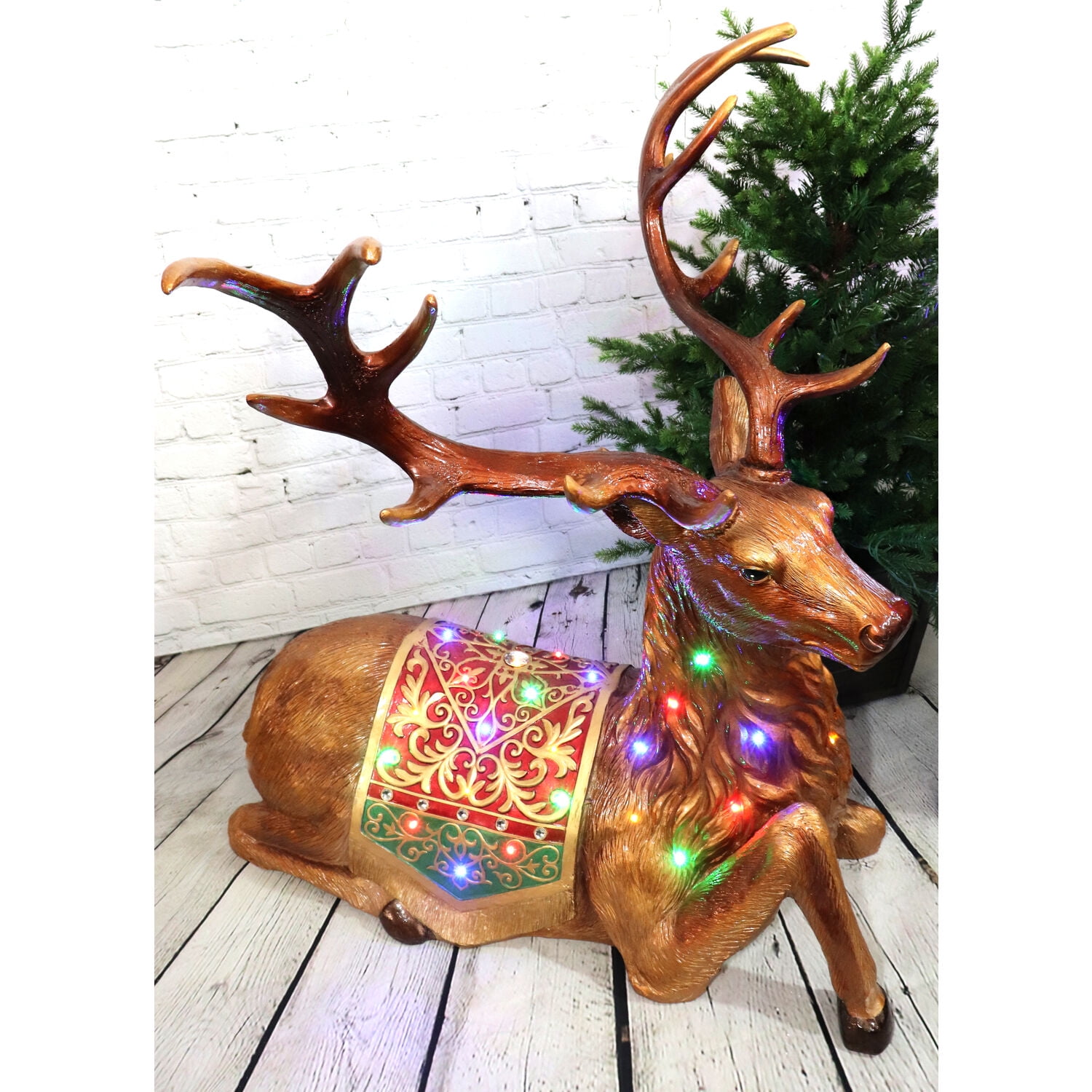 Fraser Hill Farm Indoor/Outdoor Oversized Christmas Decor with Long-Lasting LED Lights, 4-Ft. Tall Sitting Reindeer with Metallic Finish, FFRS047-RD1-BRN