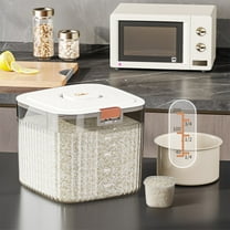 Hovmgk Airtight Rice Dispenser, Large 10L Storage Container for Rice, Grains, Flour, Beans, Pet Food, White, Gray, Flip Lid with Measuring Cup, Space-Saving Kitchen Storage Solution