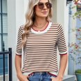 thumbnail image 6 of Womens Summer Short Sleeve Shirts Striped Sweater Cute Casual Trendy Crewneck Knit Blouses Coffee Color L, 6 of 9