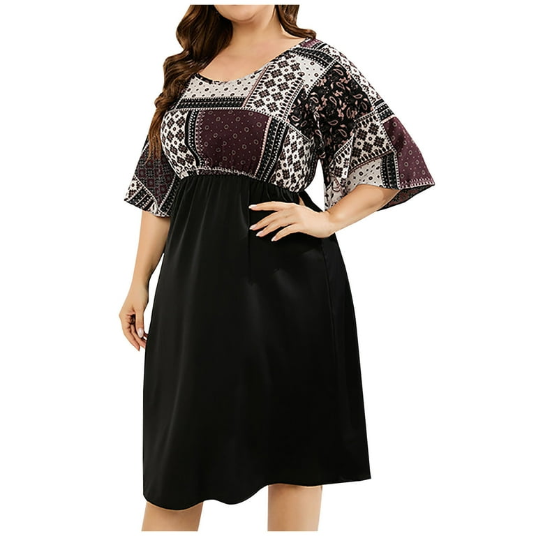 Wycnly Formal Dresses for Women Elastic Waist Vintage Plus Size Swing  A-line Knee-Length Dress V-Neck Elbow-Length Western Print Summer Midi  Dresses Red XXXL Clothes - Walmart.com