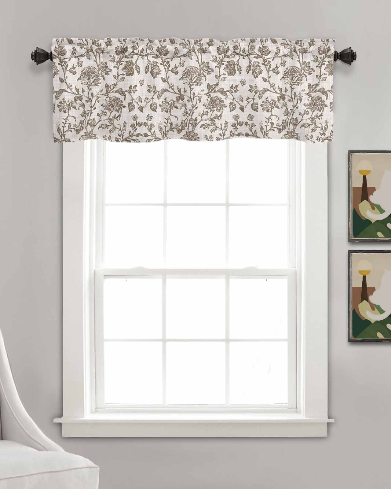 Farmhouse Brown Kitchen Valances for Windows Farmhouse Linen Window Valance Curtain for Living Room Window Treatment Vintage Flower Leaf Botanical Plant Valance Rod Pocket Topper Drape, 42 x 18 Inch