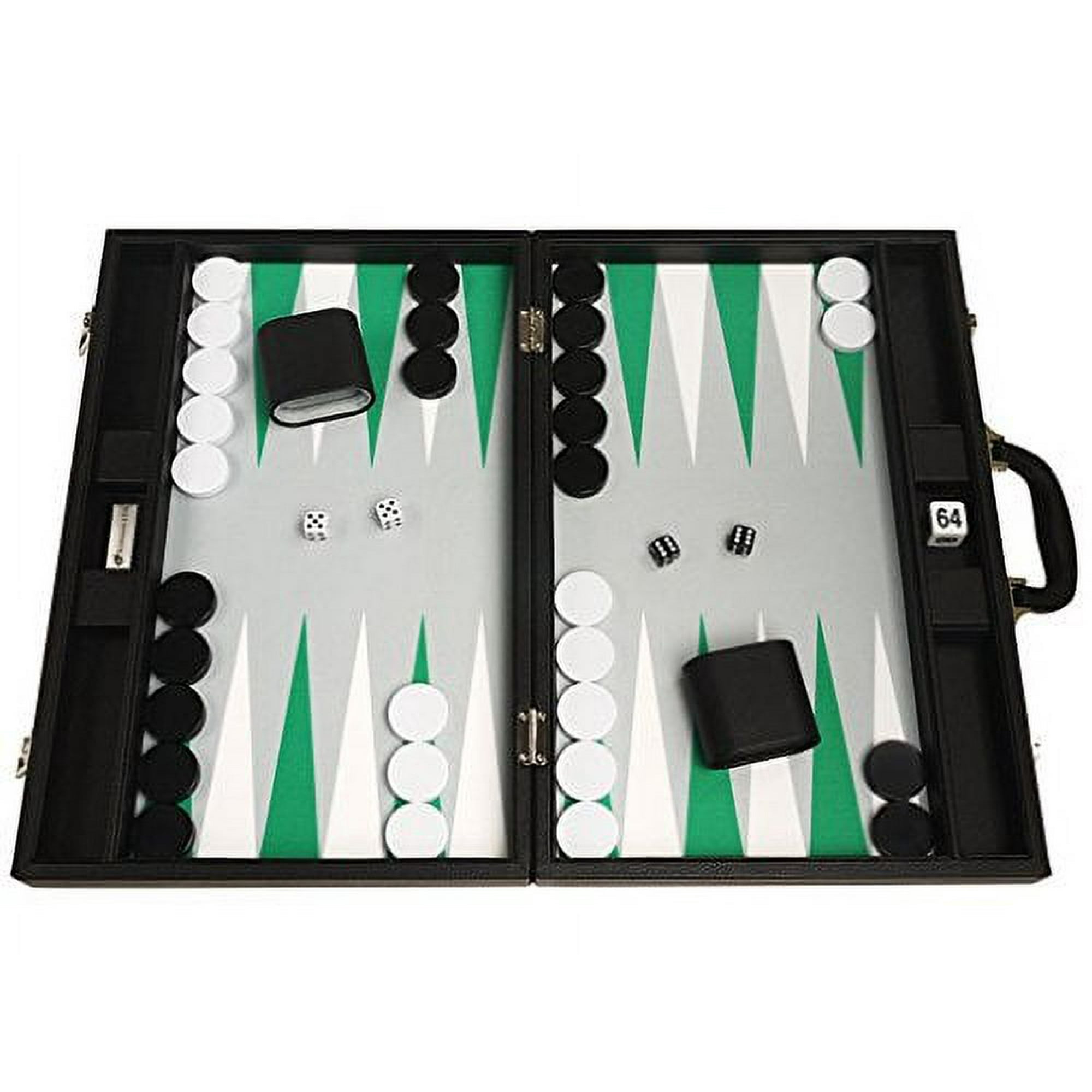Silverman & Co. 19-inch Premium Backgammon Set - Large Size - Black Board,  White and Green Points