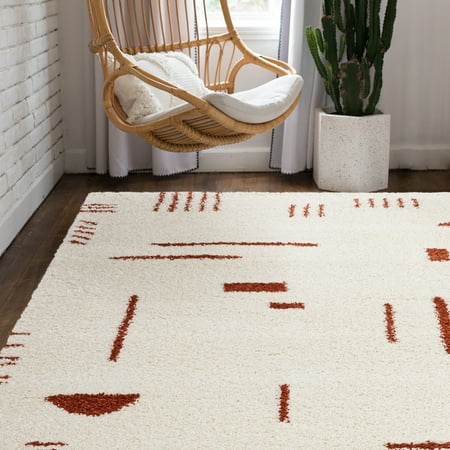 Carson Carrington Islinge Shag Area Rug White/Rust 8 9  x 12  8  x 10   9  x 12  Indoor Living Room  Bedroom  Dining Room Ivory  Cream  Off-White