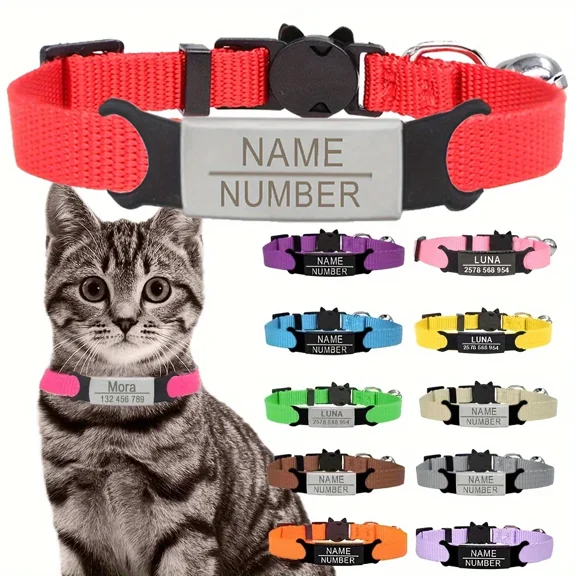 Personalized Cute ID Tag Cat Collar - Safety Breakaway Design Engraved Name & Phone Number Ideal Gift for Cat Lovers/Pet Owners