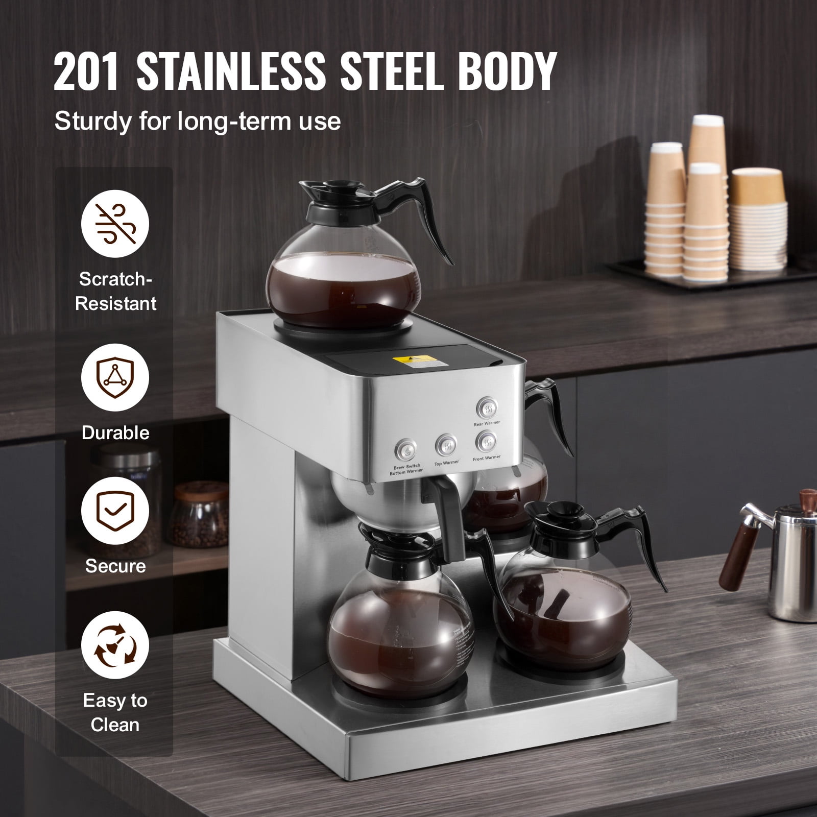 KFFKFF Commercial Drip Coffee Maker, 12-Cup Machine with 4 Glass Carafes and 4 Warming Plates, Stainless Steel Brewer for Restaurants, Offices, Cafes, and Homes