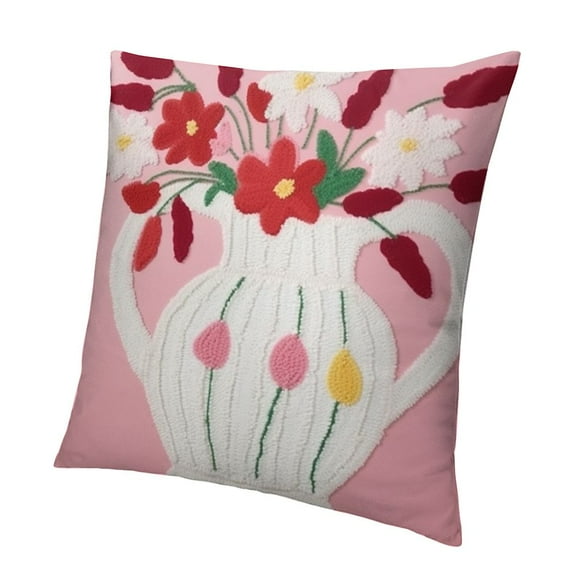 BANET Pink Vase Embroidered Throw Pillow Covers, Farmhouse Decorative Square Accent Cushion Covers, Lumbar Pillow for Outdoor Car Home Decor 12x12in
